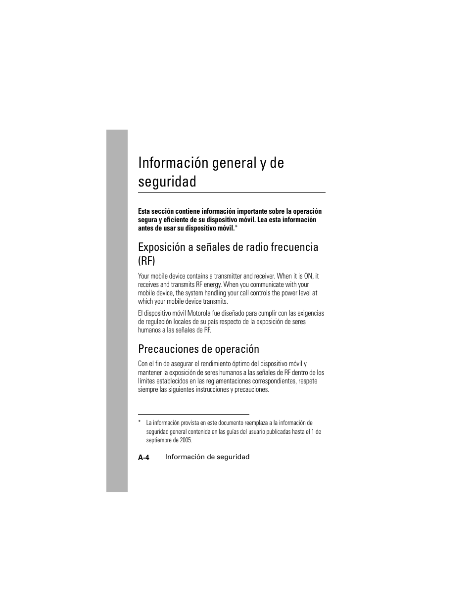 Información de seguridad, Exposición a señales de radio frecuencia (rf), Precauciones de operación | Información general y de seguridad | Motorola Cingular SLVR User Manual | Page 200 / 218