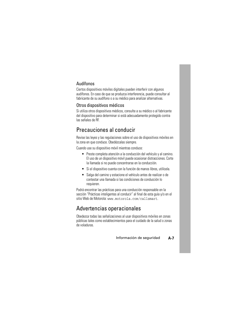 Precauciones al conducir, Advertencias operacionales | Motorola Cingular SLVR User Manual | Page 203 / 218
