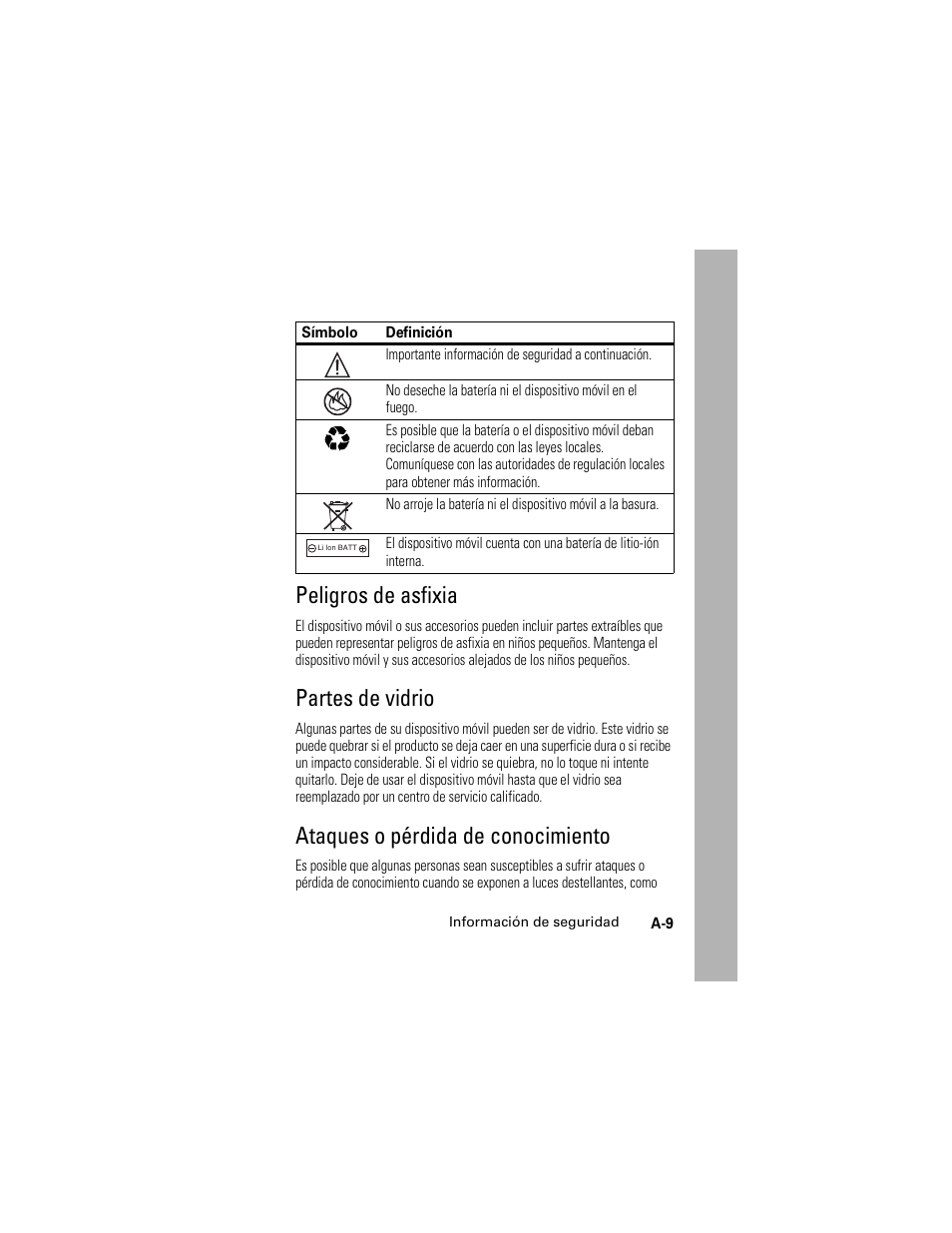 Peligros de asfixia, Partes de vidrio, Ataques o pérdida de conocimiento | Motorola Cingular SLVR User Manual | Page 205 / 218