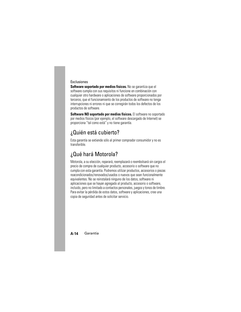 Quién está cubierto, Qué hará motorola, Quién está cubierto? ¿qué hará motorola | Motorola Cingular SLVR User Manual | Page 210 / 218