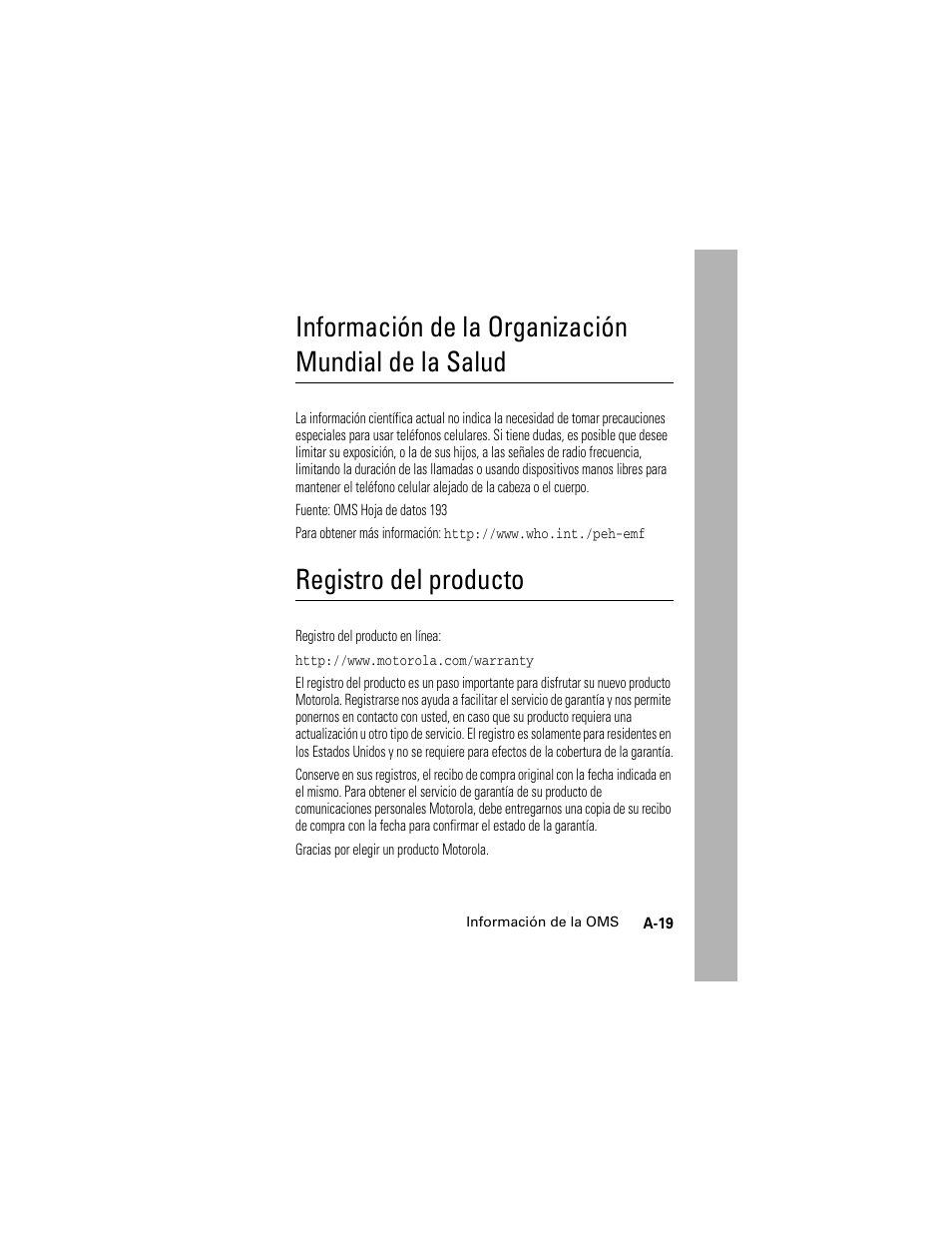 Información de la oms, Registro del producto, Información de la organización mundial de la salud | Motorola Cingular SLVR User Manual | Page 215 / 218