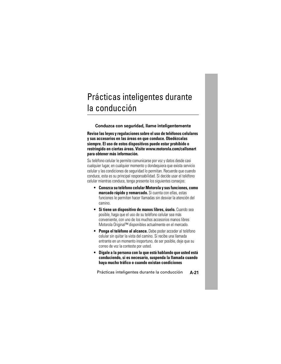 Prácticas inteligentes durante la conducción | Motorola Cingular SLVR User Manual | Page 217 / 218