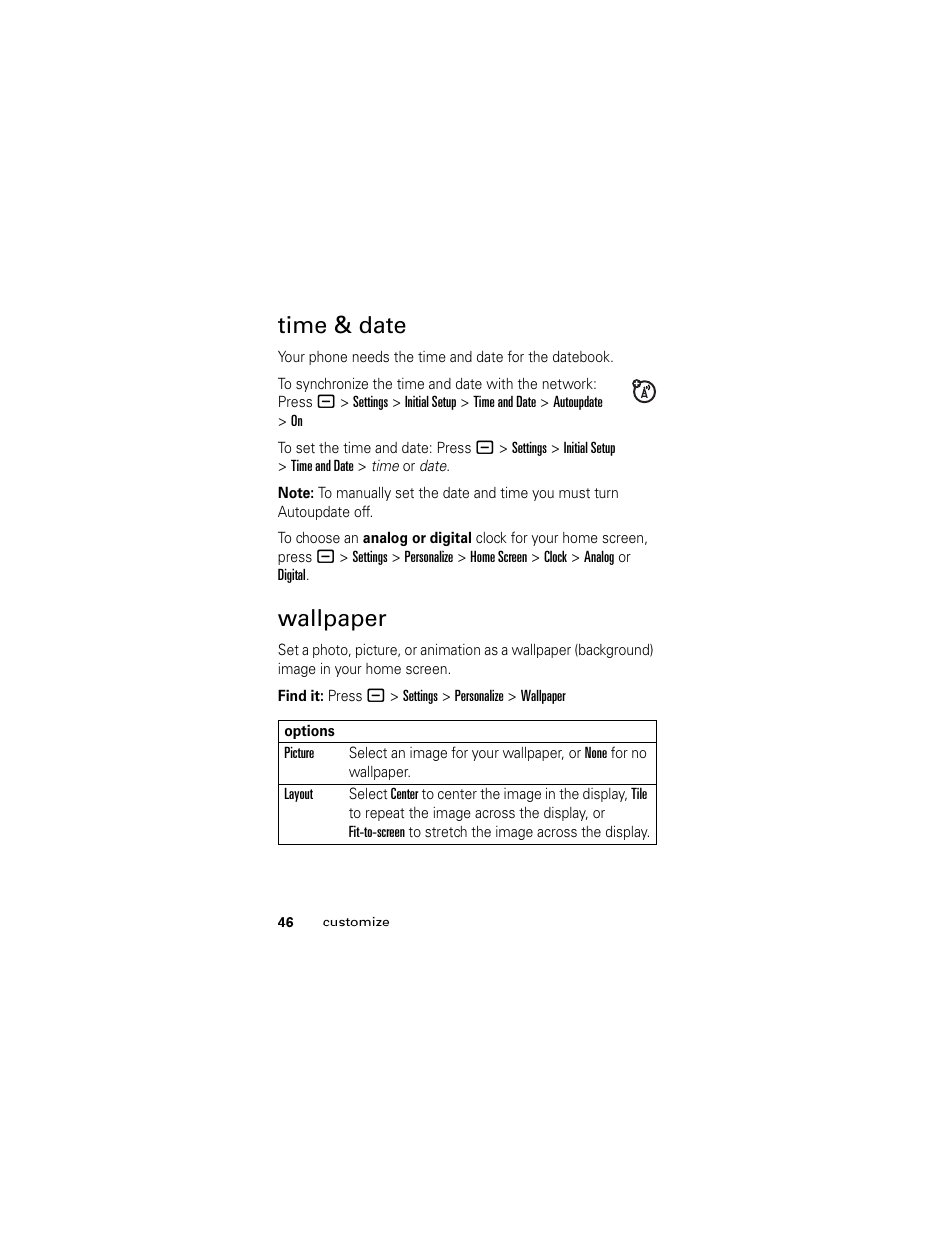 Time & date, Wallpaper, Time & date wallpaper | Motorola Cingular SLVR User Manual | Page 48 / 218