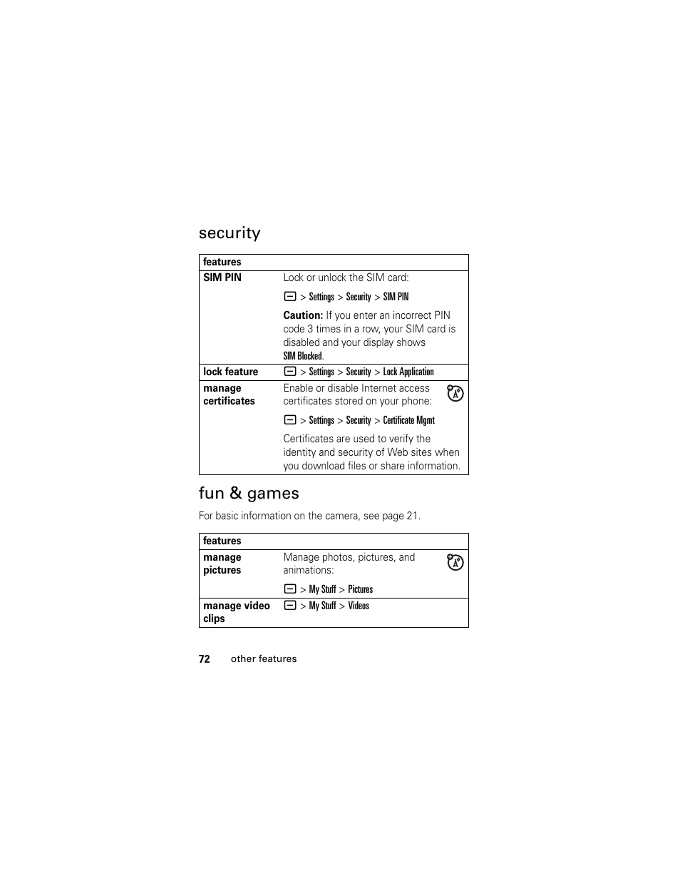 Security, Fun & games, Security fun & games | Motorola Cingular SLVR User Manual | Page 74 / 218