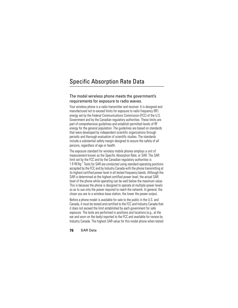 Sar data, Specific absorption rate data | Motorola Cingular SLVR User Manual | Page 78 / 218