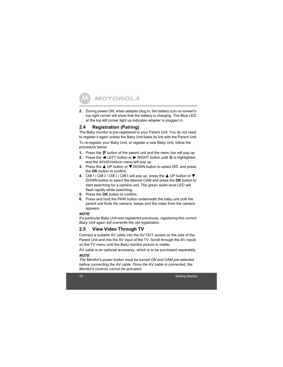 4 registration (pairing), 5 view video through tv, Registration (pairing) | View video through tv | Motorola Baby Monitor MBP33 User Manual | Page 10 / 28