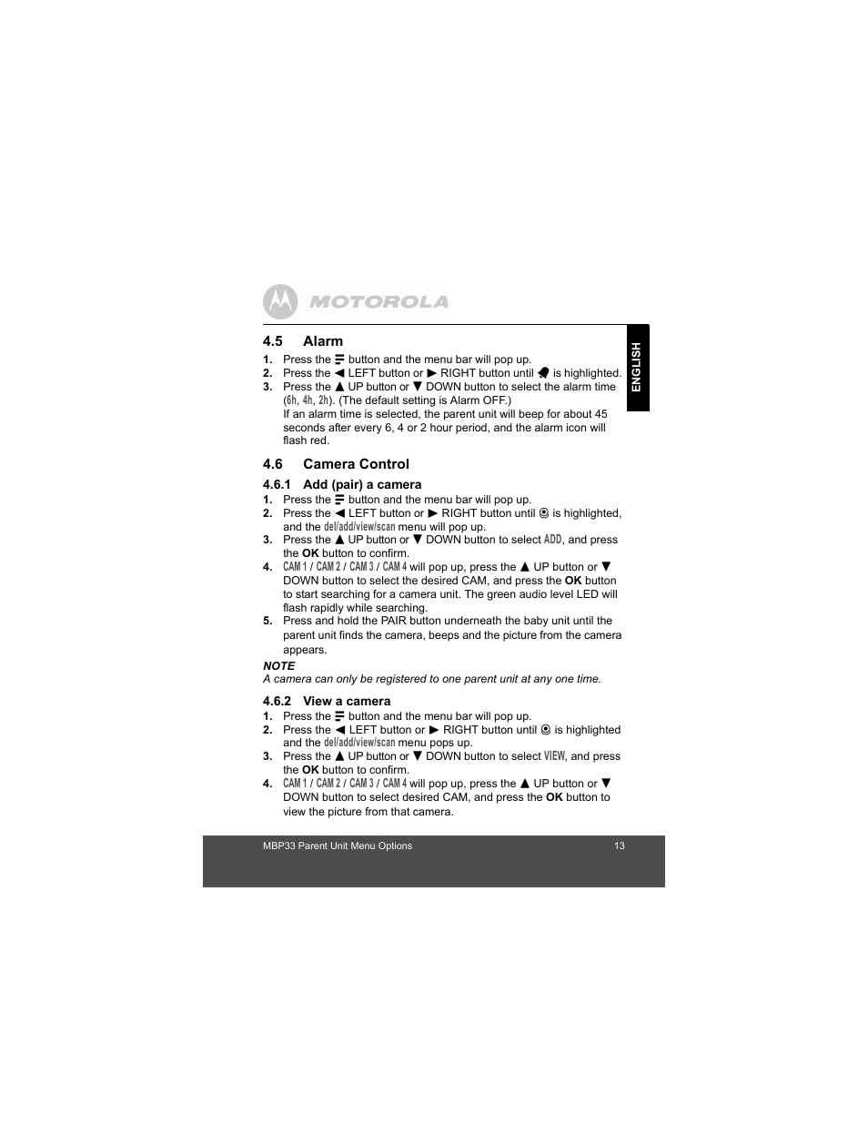 5 alarm, 6 camera control, 1 add (pair) a camera | 2 view a camera, Alarm, Camera control, Add (pair) a camera, View a camera | Motorola Baby Monitor MBP33 User Manual | Page 13 / 28