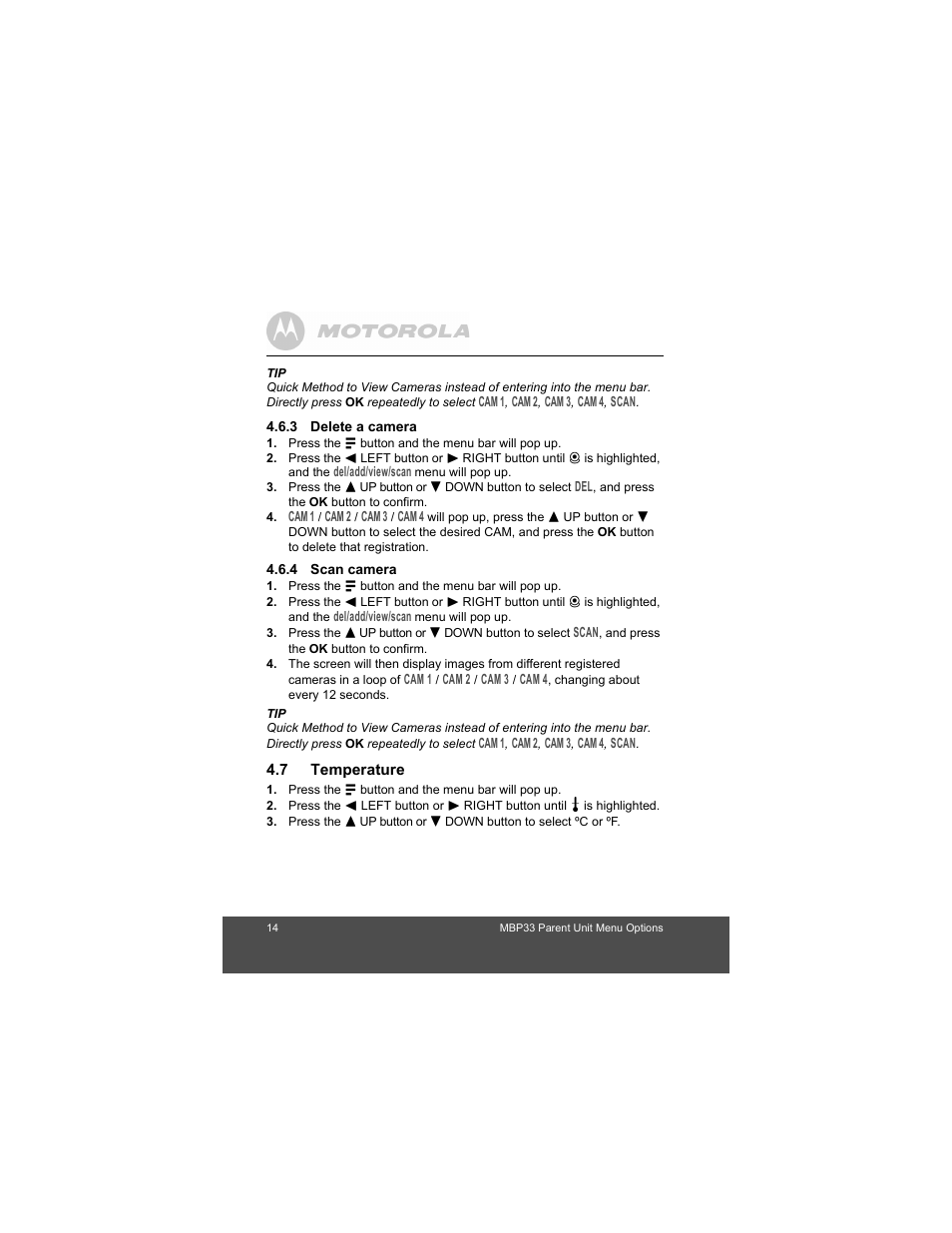 3 delete a camera, 4 scan camera, 7 temperature | Delete a camera, Scan camera, Temperature | Motorola Baby Monitor MBP33 User Manual | Page 14 / 28