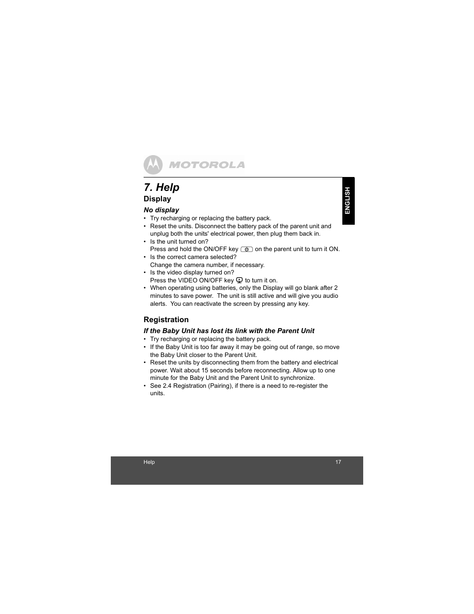 Help | Motorola Baby Monitor MBP33 User Manual | Page 17 / 28