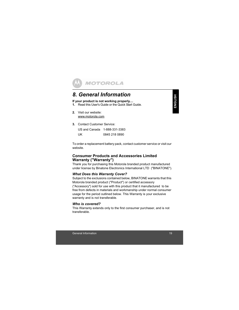 General information | Motorola Baby Monitor MBP33 User Manual | Page 19 / 28