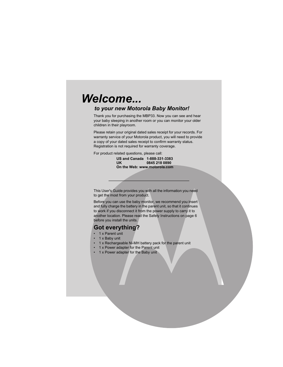 Welcome, Got everything | Motorola Baby Monitor MBP33 User Manual | Page 2 / 28