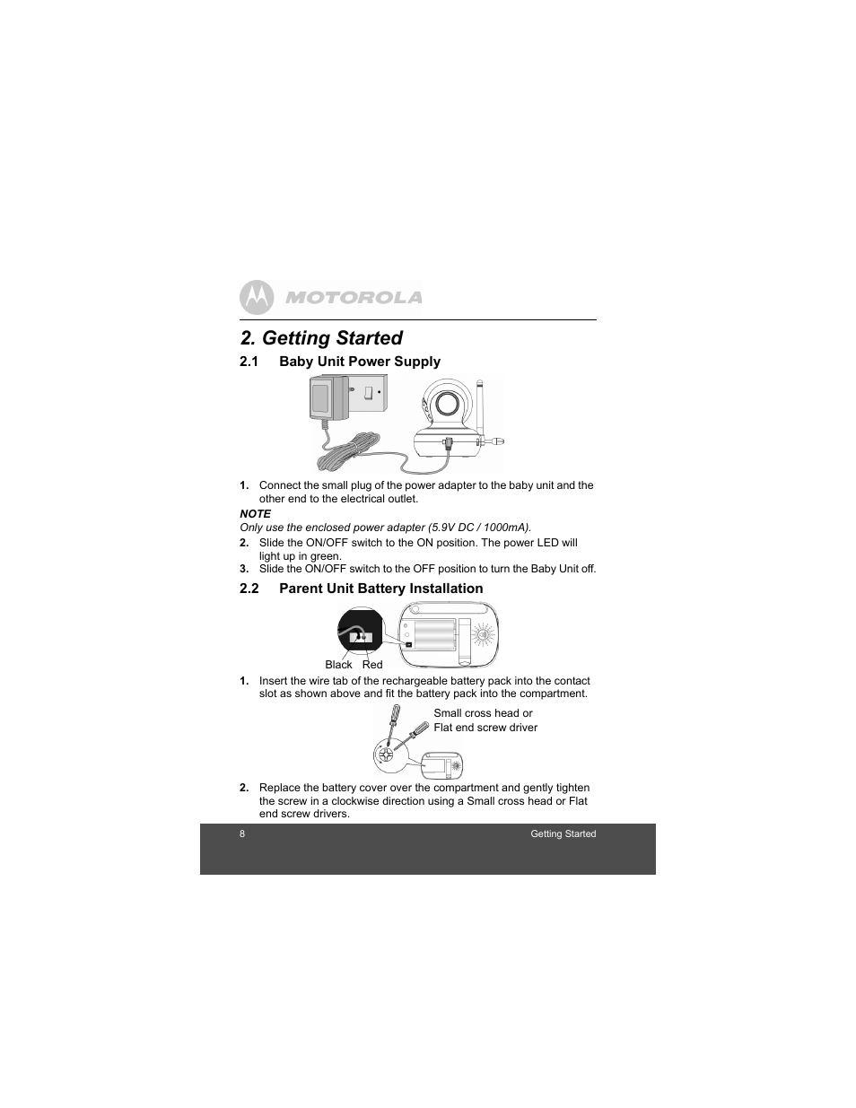 Getting started, 1 baby unit power supply, 2 parent unit battery installation | Baby unit power supply | Motorola Baby Monitor MBP33 User Manual | Page 8 / 28