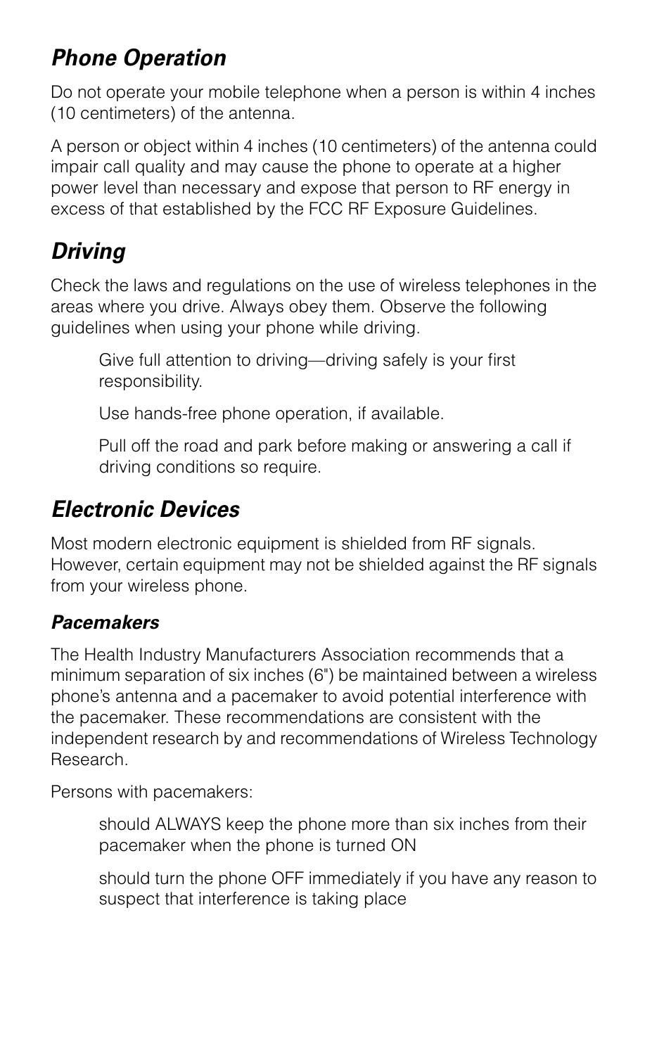 Phone operation, Driving, Electronic devices | Motorola 9520 User Manual | Page 10 / 174