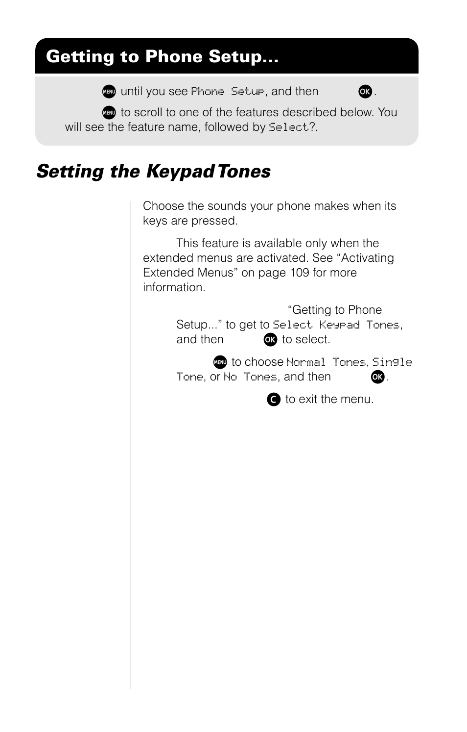 Setting the keypad tones, Getting to phone setup | Motorola 9520 User Manual | Page 104 / 174