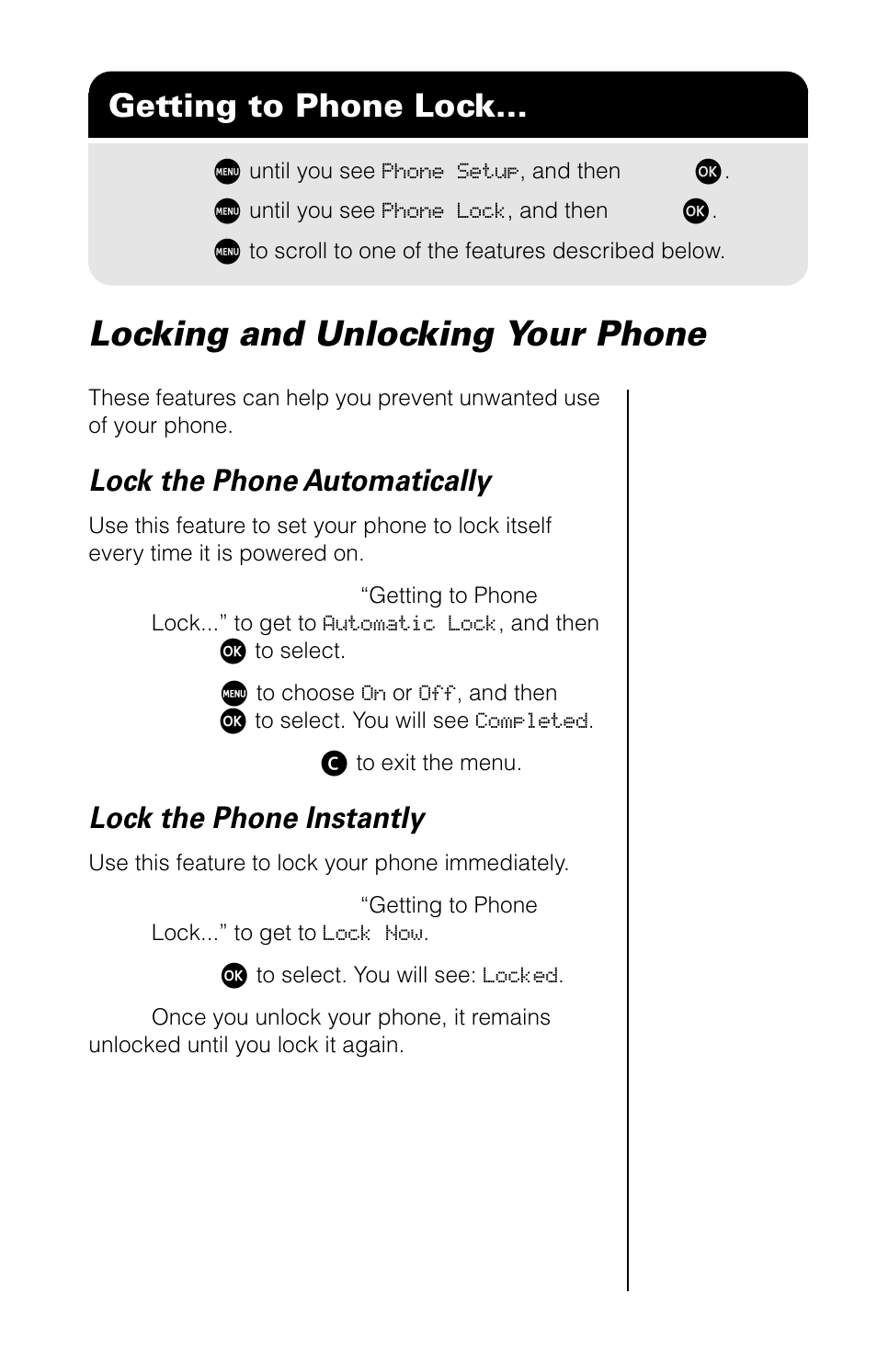 Locking and unlocking your phone, Getting to phone lock, Lock the phone automatically | Lock the phone instantly | Motorola 9520 User Manual | Page 105 / 174