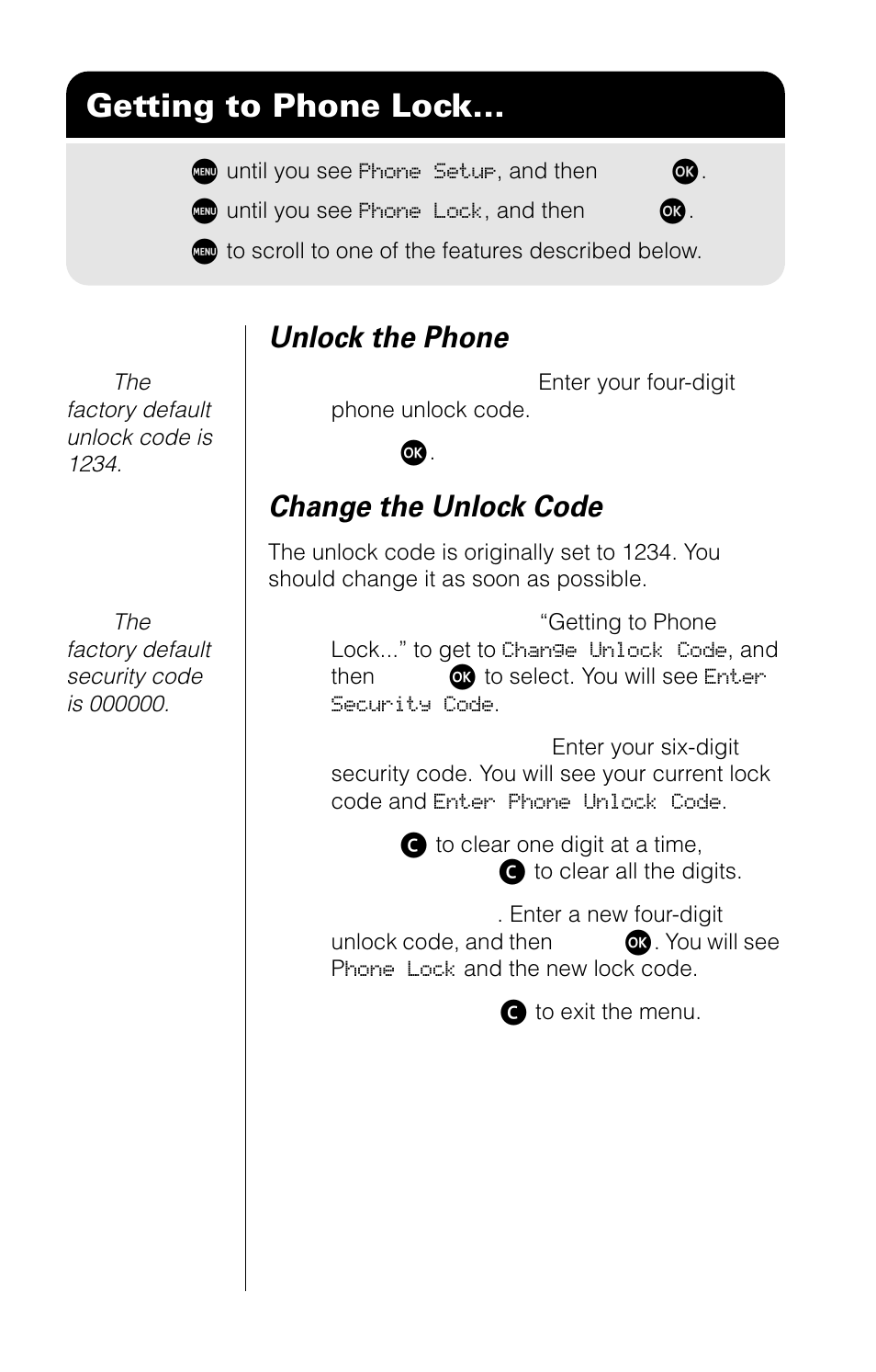 Getting to phone lock, Unlock the phone, Change the unlock code | Motorola 9520 User Manual | Page 106 / 174