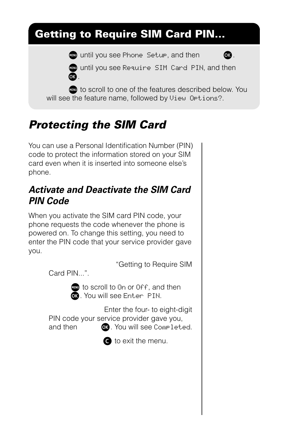 Protecting the sim card, Getting to require sim card pin, Activate and deactivate the sim card pin code | Motorola 9520 User Manual | Page 107 / 174