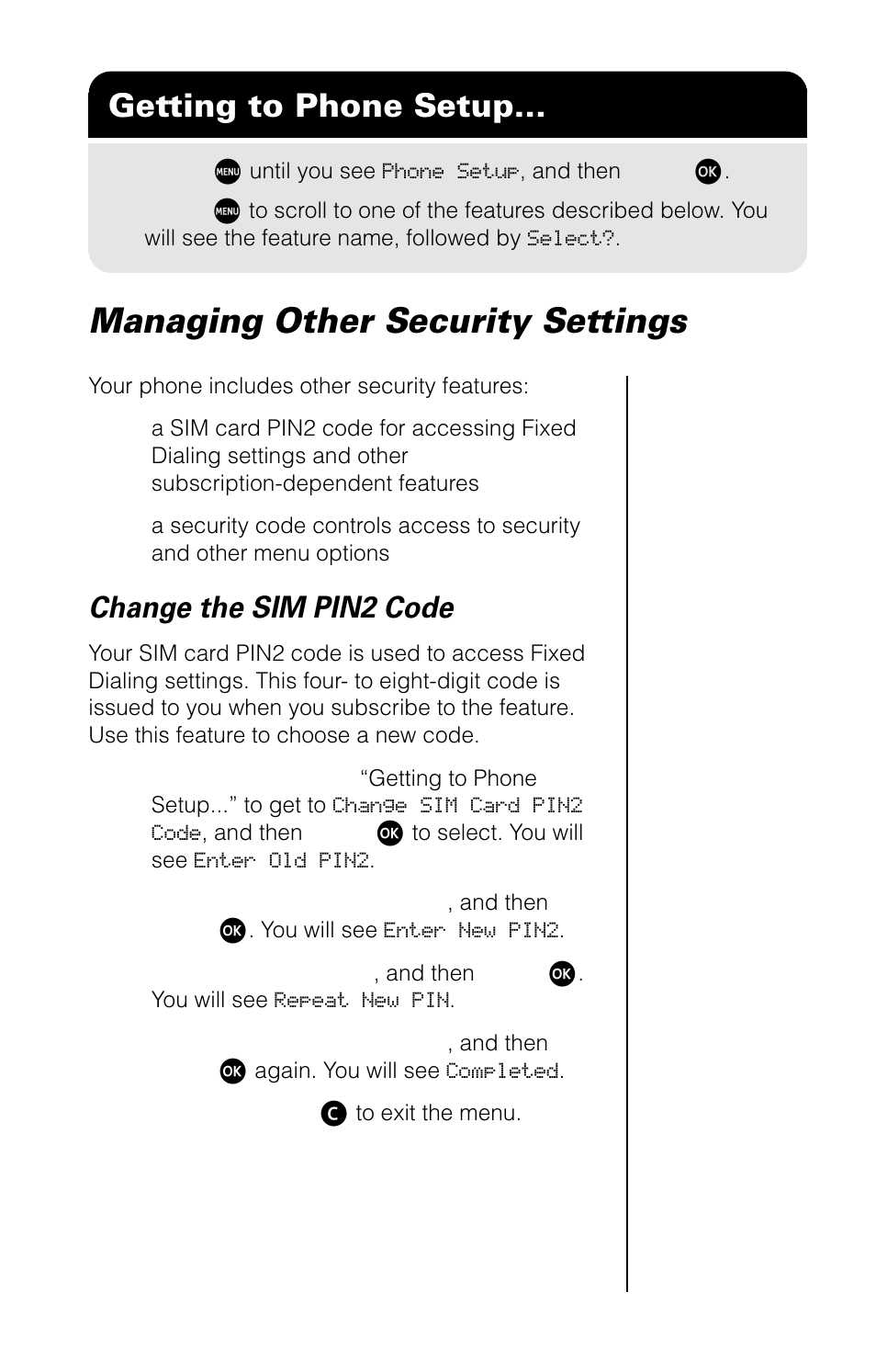 Managing other security settings, Getting to phone setup, Change the sim pin2 code | Motorola 9520 User Manual | Page 109 / 174