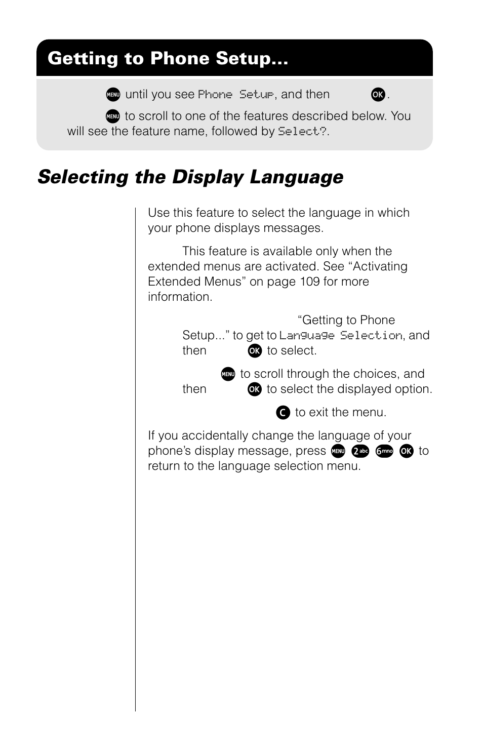 Selecting the display language, Getting to phone setup | Motorola 9520 User Manual | Page 112 / 174