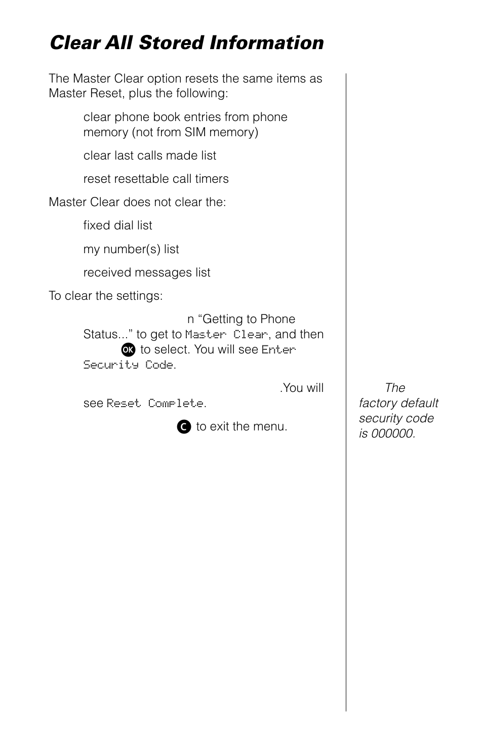 Clear all stored information | Motorola 9520 User Manual | Page 115 / 174