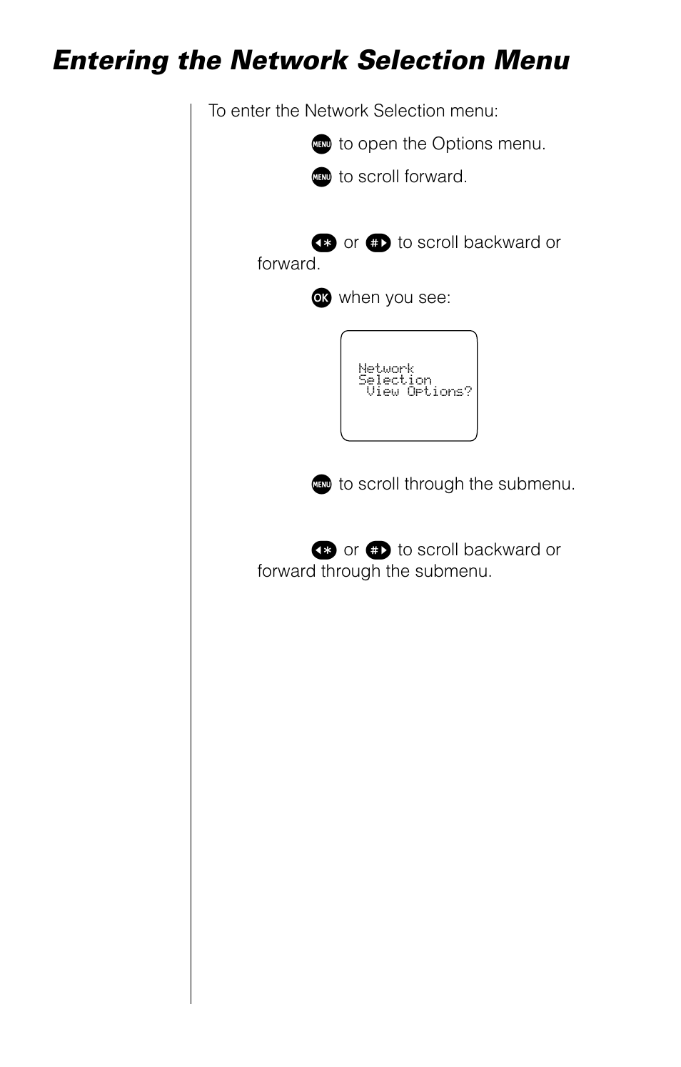 Entering the network selection menu | Motorola 9520 User Manual | Page 118 / 174