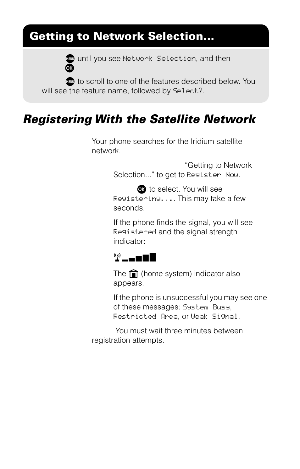 Registering with the satellite network, Getting to network selection | Motorola 9520 User Manual | Page 120 / 174