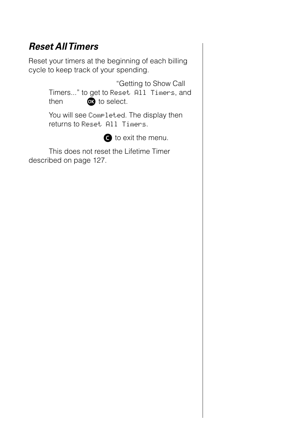 Reset all timers | Motorola 9520 User Manual | Page 125 / 174