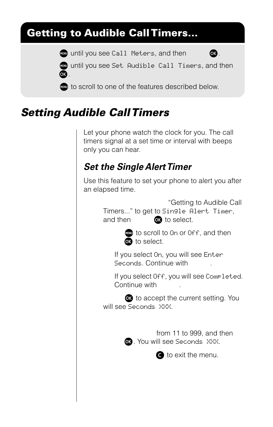 Setting audible call timers, Getting to audible call timers, Set the single alert timer | Motorola 9520 User Manual | Page 126 / 174