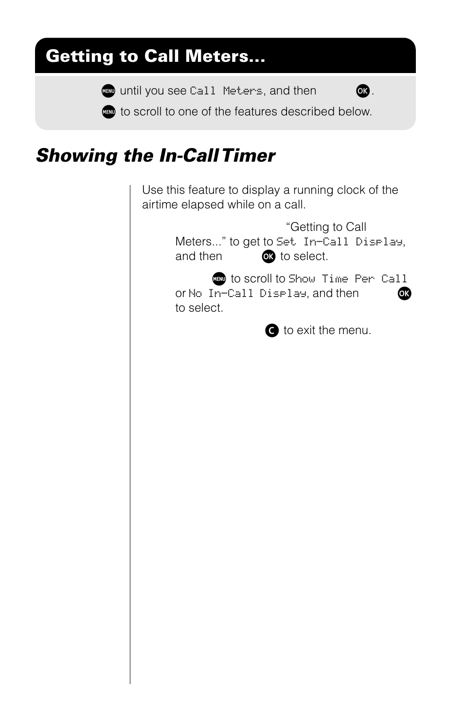 Showing the incall timer, Showing the in-call timer, Getting to call meters | Motorola 9520 User Manual | Page 128 / 174