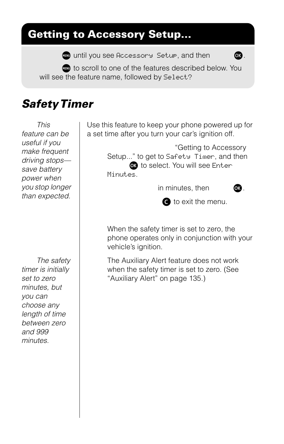 Safety timer, Getting to accessory setup | Motorola 9520 User Manual | Page 136 / 174