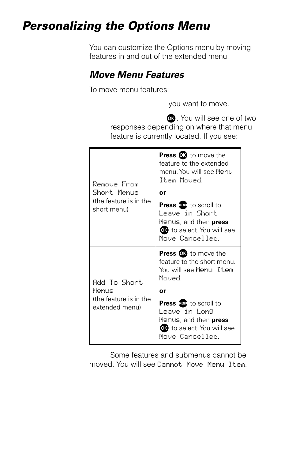 Personalizing the options menu, Move menu features | Motorola 9520 User Manual | Page 140 / 174