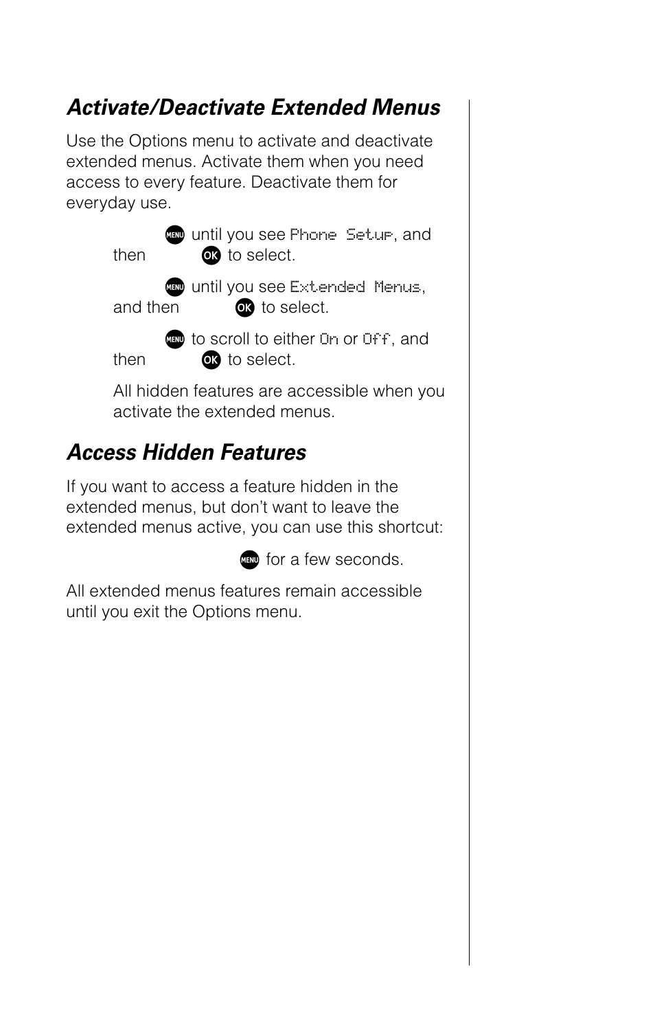 Activate/deactivate extended menus, Access hidden features | Motorola 9520 User Manual | Page 141 / 174