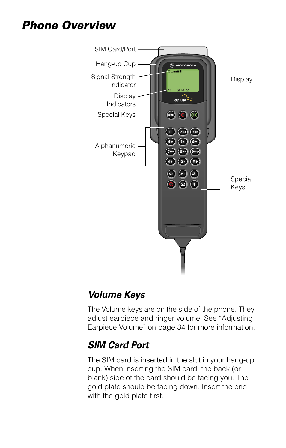 Phone overview, Volume keys, Sim card port | Motorola 9520 User Manual | Page 16 / 174