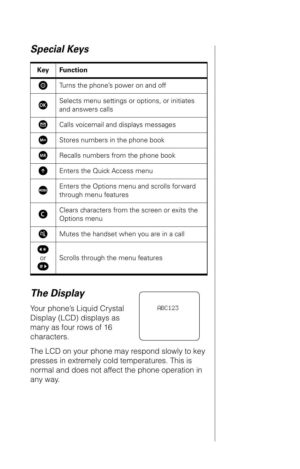 Special keys the display | Motorola 9520 User Manual | Page 17 / 174