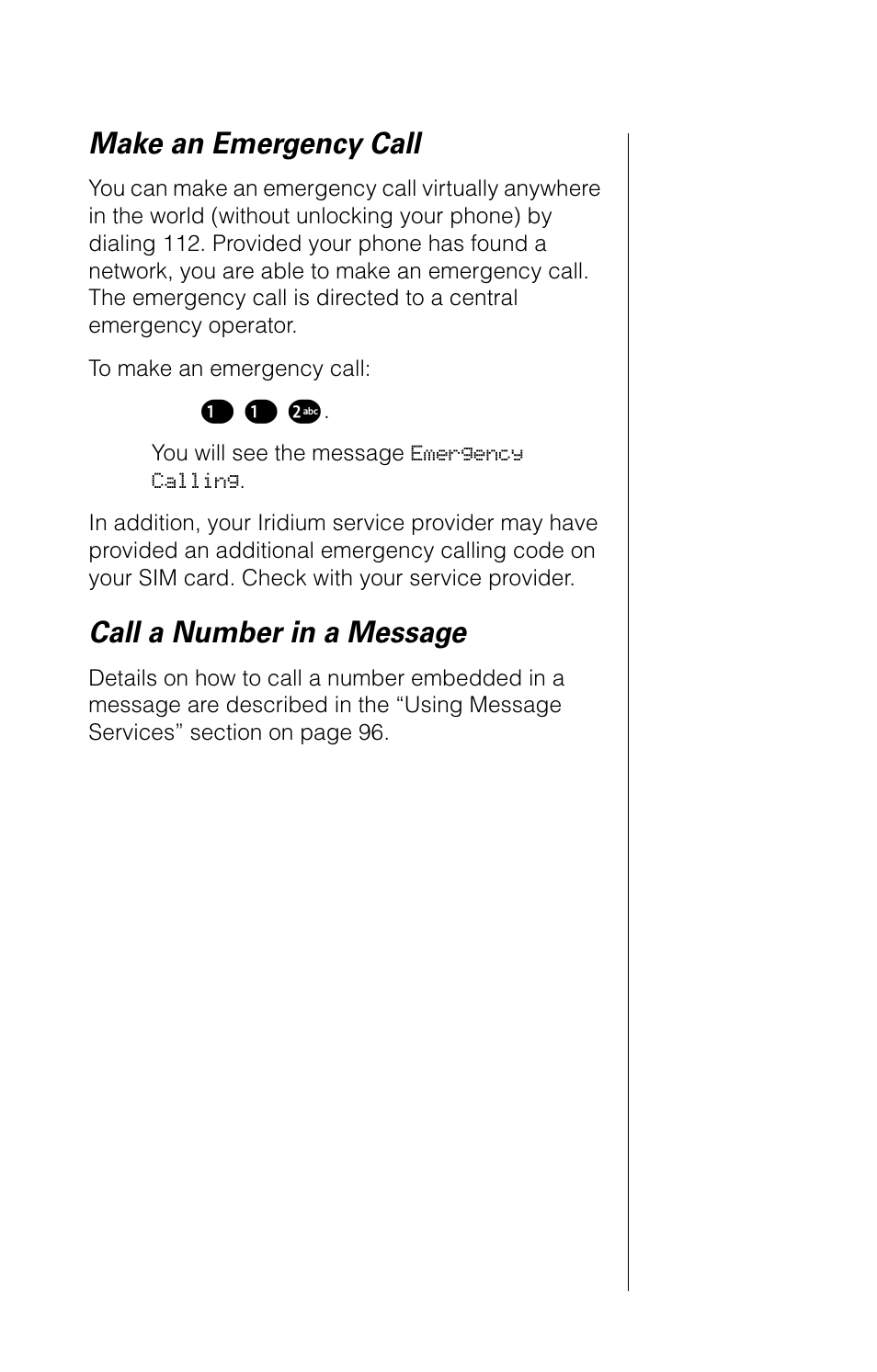 Make an emergency call, Call a number in a message | Motorola 9520 User Manual | Page 29 / 174