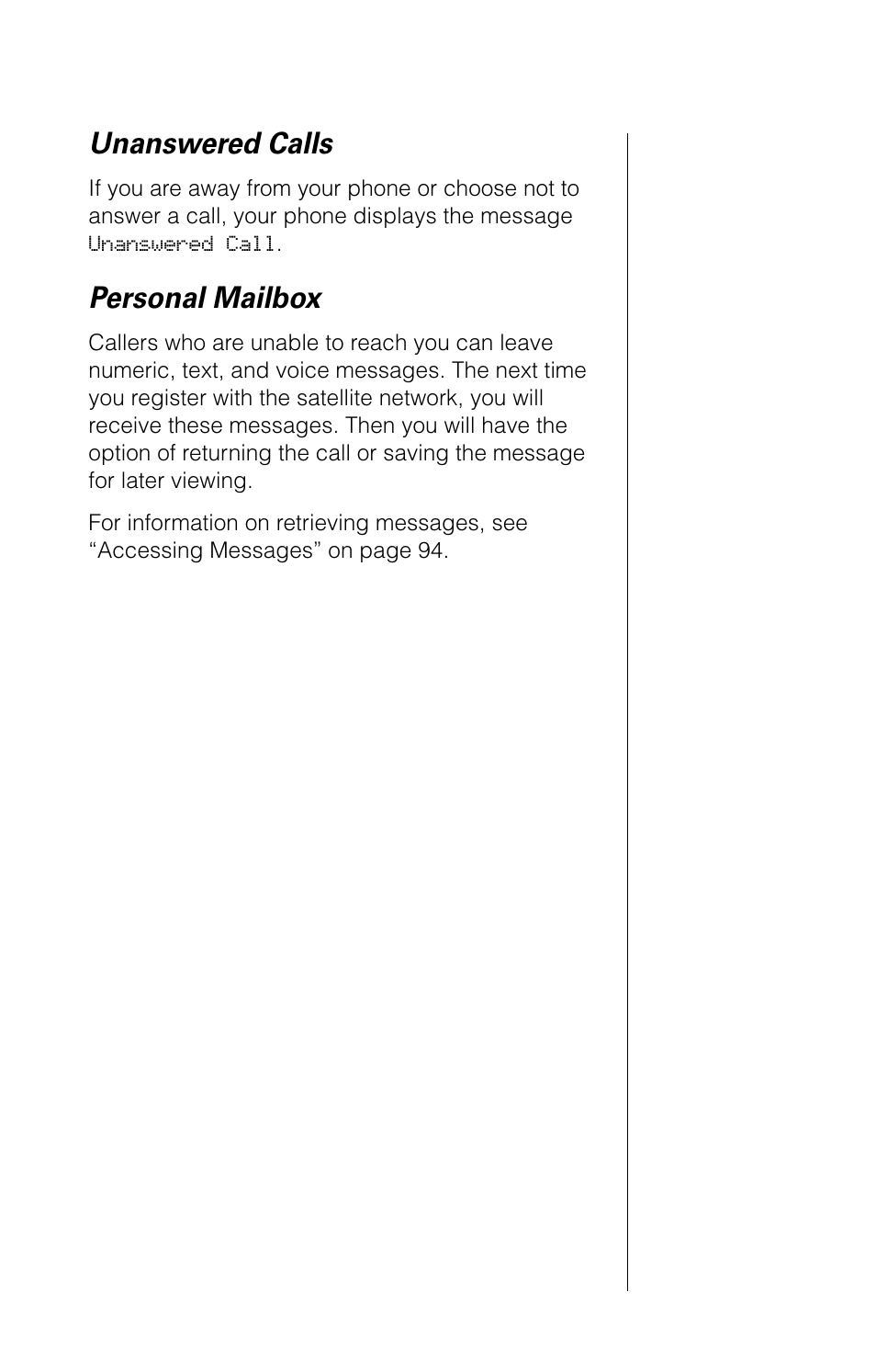 Unanswered calls, Personal mailbox | Motorola 9520 User Manual | Page 33 / 174