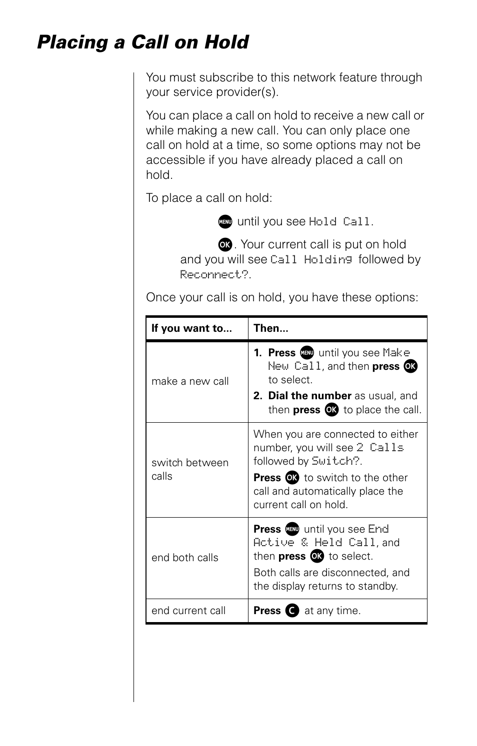 Placing a call on hold | Motorola 9520 User Manual | Page 42 / 174