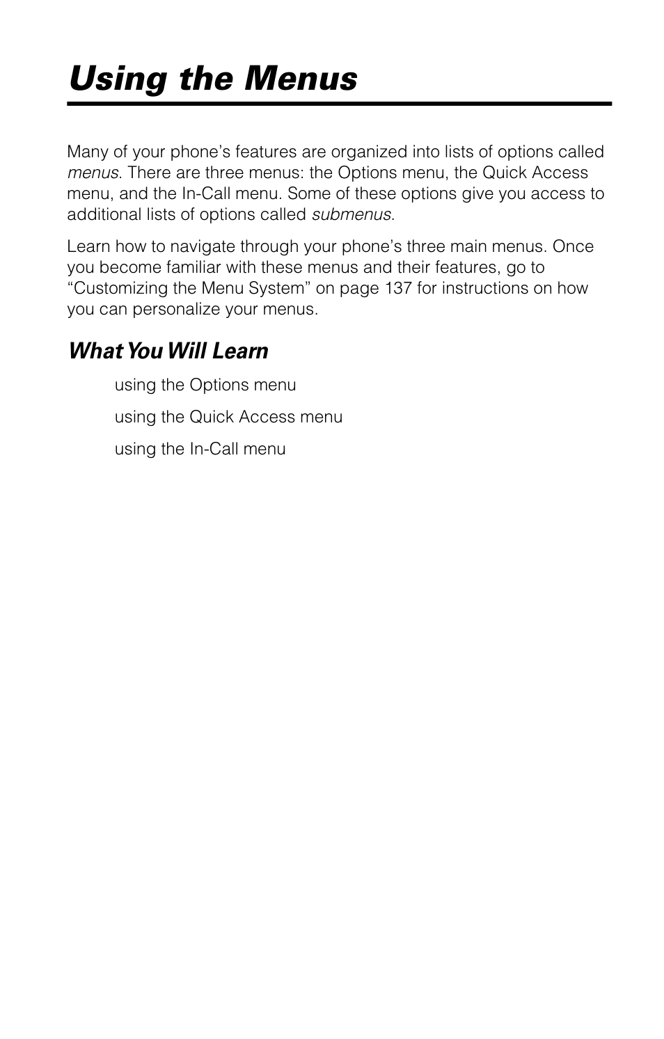 Using the menus, What you will learn | Motorola 9520 User Manual | Page 45 / 174