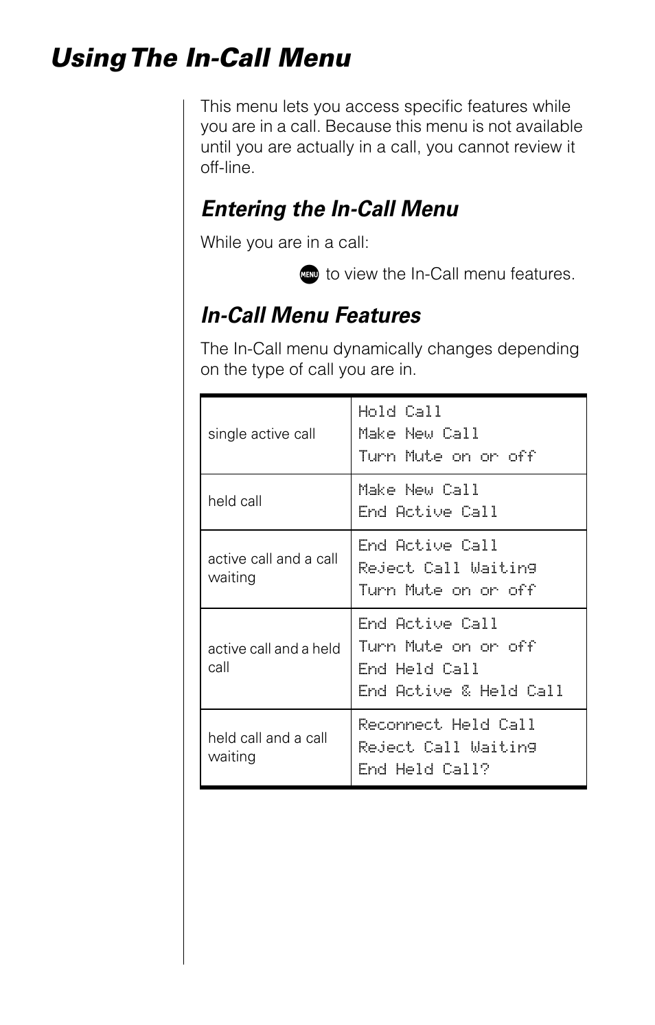Using the incall menu, Using the in-call menu, Entering the in-call menu | In-call menu features | Motorola 9520 User Manual | Page 50 / 174