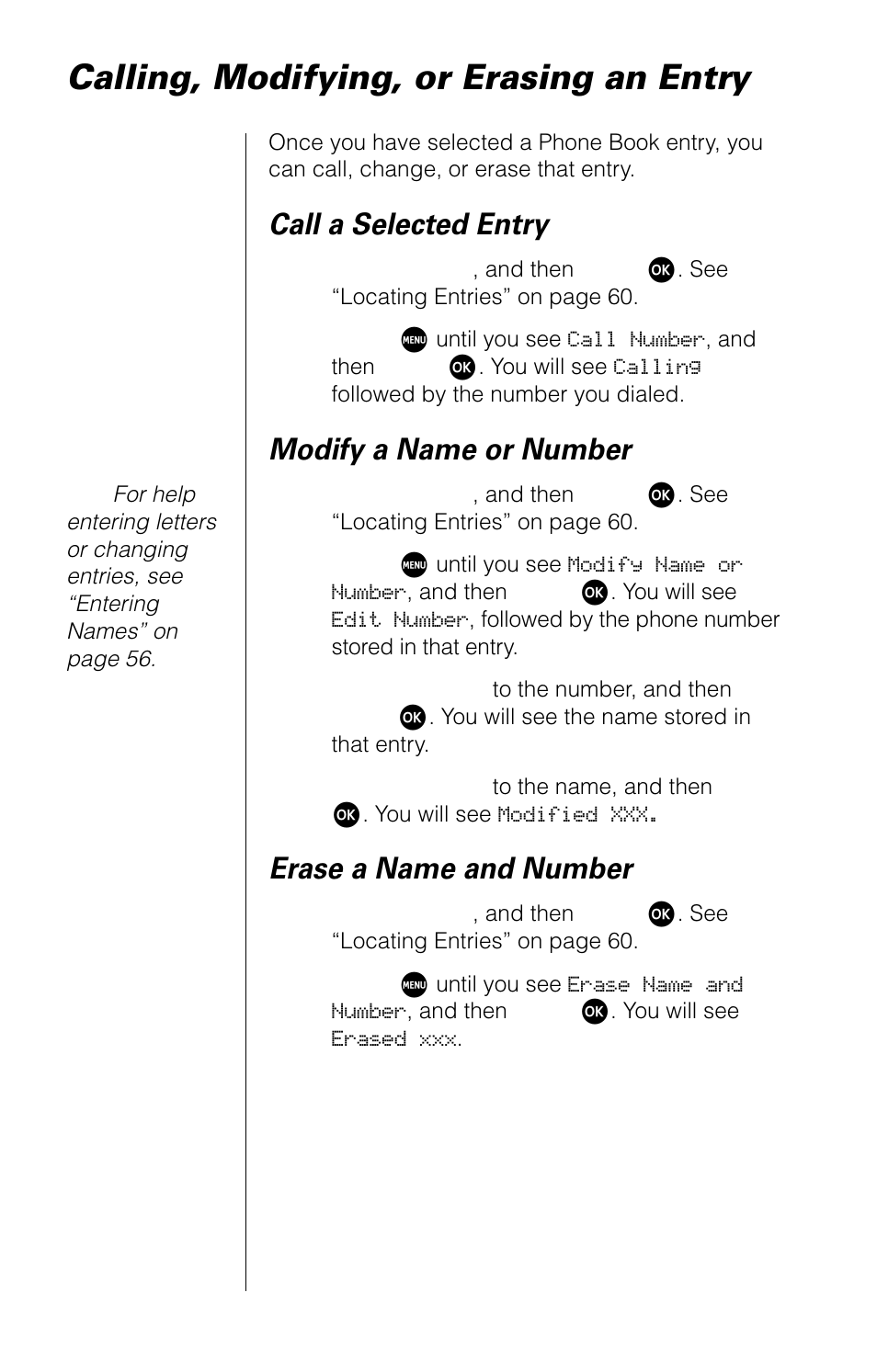 Calling, modifying, or erasing an entry, Call a selected entry, Modify a name or number | Erase a name and number | Motorola 9520 User Manual | Page 64 / 174