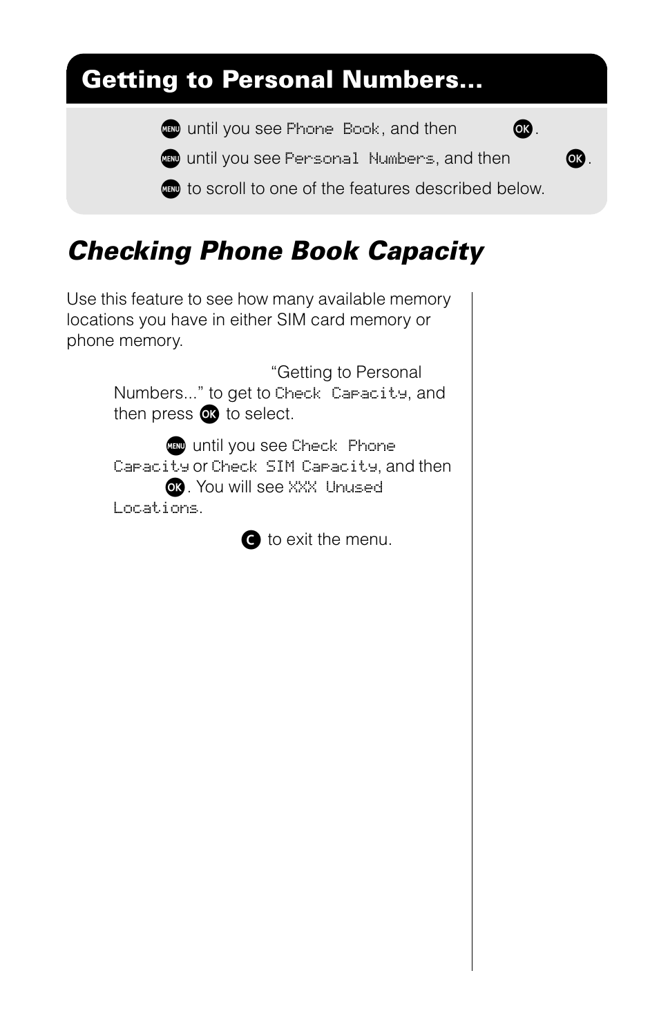 Checking phone book capacity, Getting to personal numbers | Motorola 9520 User Manual | Page 65 / 174