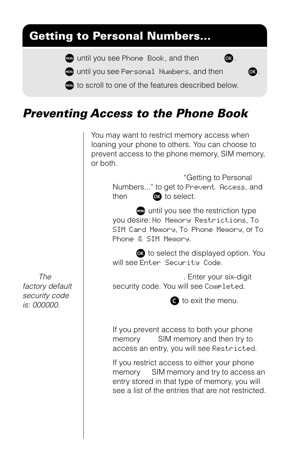 Preventing access to the phone book, Getting to personal numbers | Motorola 9520 User Manual | Page 66 / 174