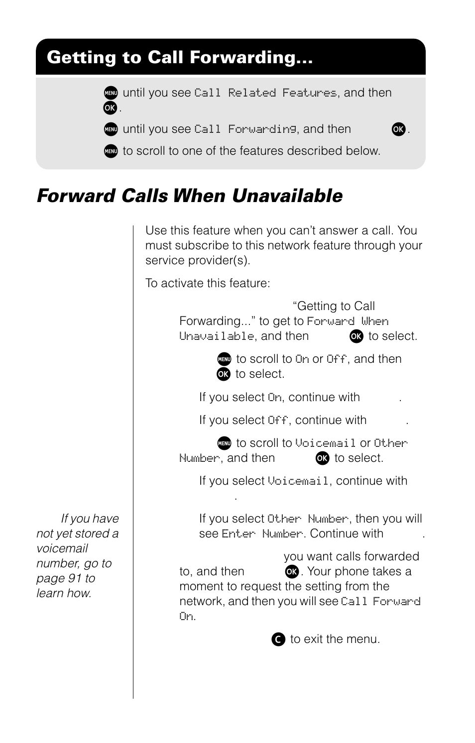 Forward calls when unavailable, Getting to call forwarding | Motorola 9520 User Manual | Page 78 / 174