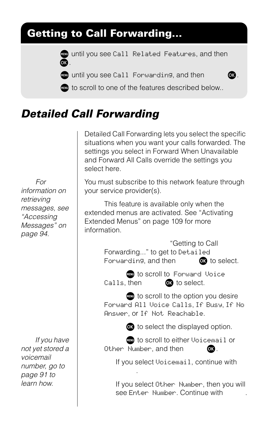 Detailed call forwarding, Getting to call forwarding | Motorola 9520 User Manual | Page 80 / 174