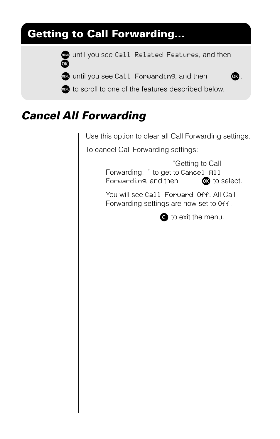 Cancel all forwarding, Getting to call forwarding | Motorola 9520 User Manual | Page 82 / 174