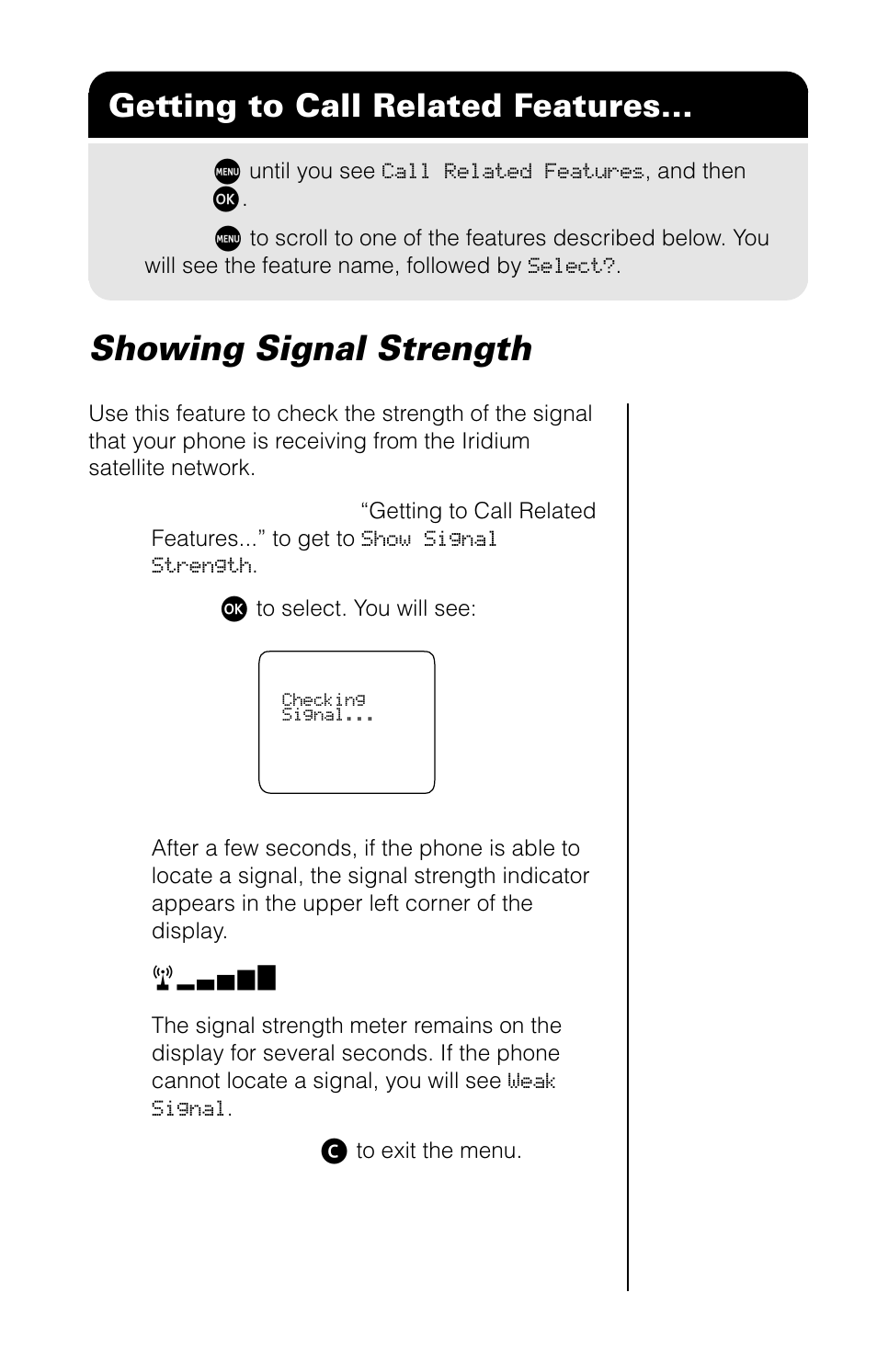 Showing signal strength, Getting to call related features | Motorola 9520 User Manual | Page 83 / 174