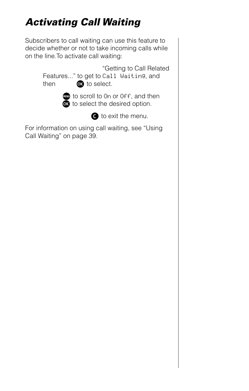 Activating call waiting | Motorola 9520 User Manual | Page 85 / 174