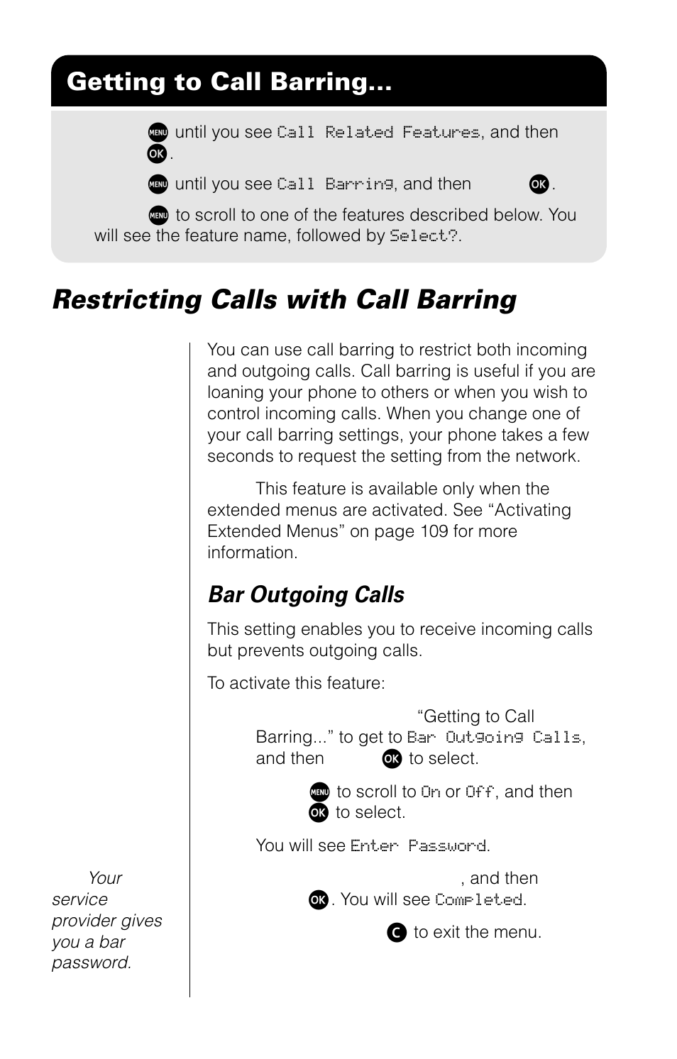 Restricting calls with call barring, Getting to call barring, Bar outgoing calls | Motorola 9520 User Manual | Page 86 / 174