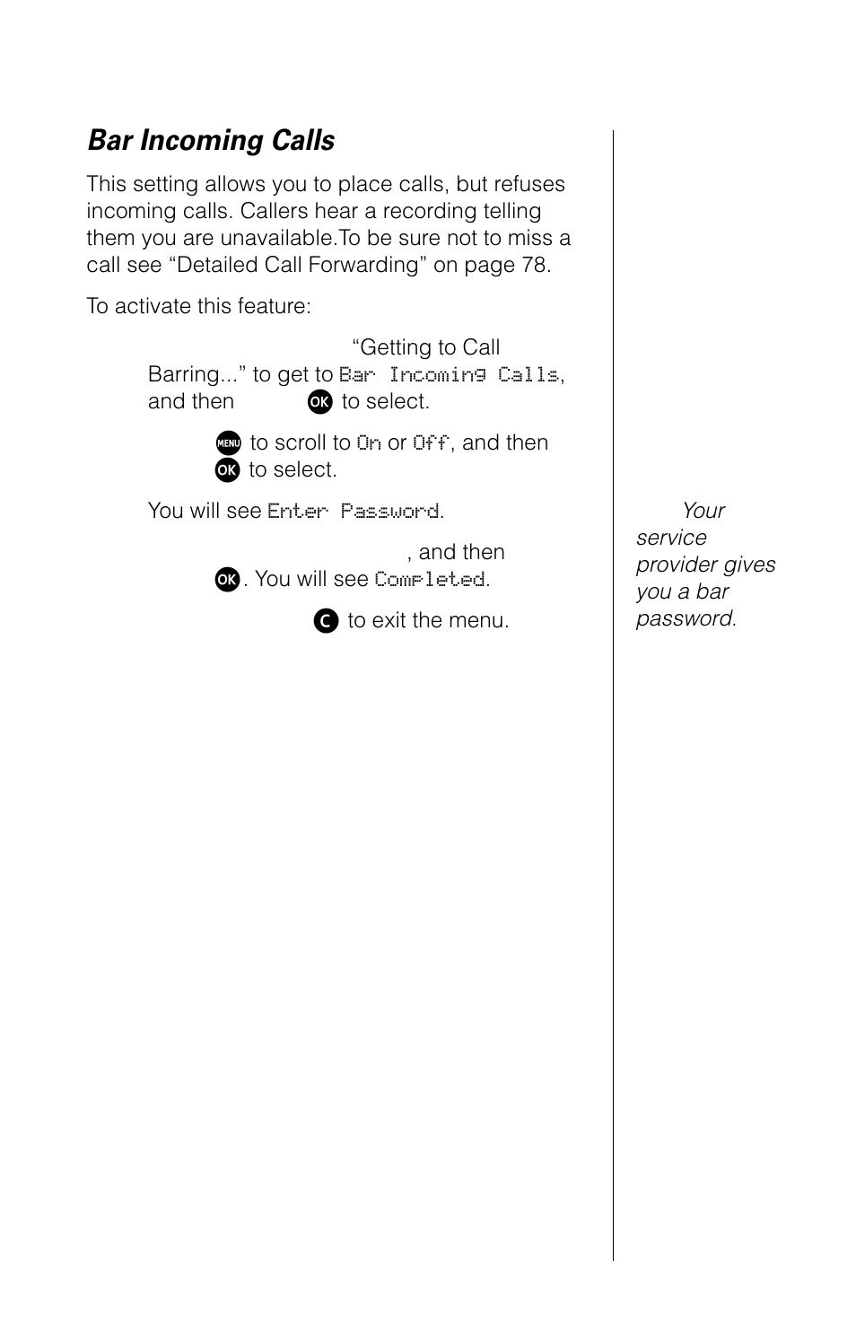 Bar incoming calls | Motorola 9520 User Manual | Page 87 / 174