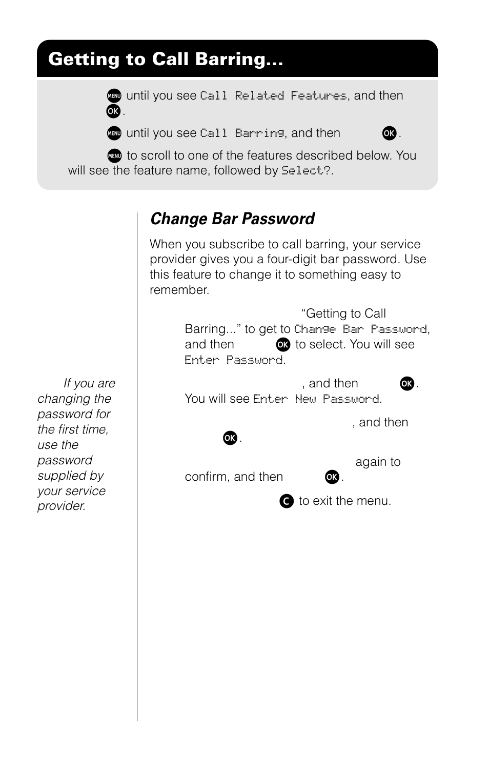 Getting to call barring, Change bar password | Motorola 9520 User Manual | Page 88 / 174